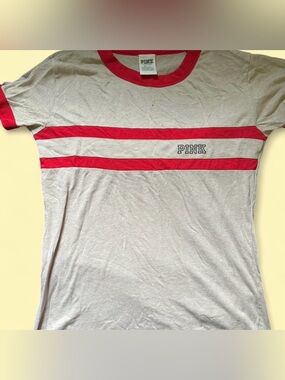 PINK Victoria's Secret White Short-Sleeve Tee with Red Stripes